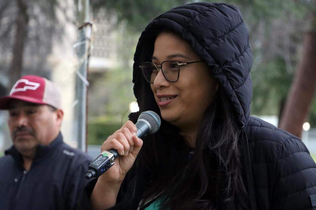 Madera City Councilmember Elsa Mejía spoke during the 217th anniversary of Benito Juárez’s birthday at Courthouse Park in Fresno on March 21, 2023.