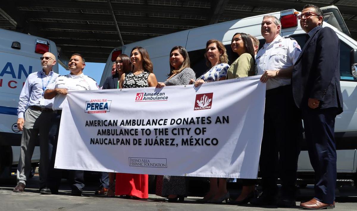 Fresno City Councilmember-elect Annalisa Perea joins local and Mexican officials during the ceremony of handing over an ambulance to Naucalpan de Juárez, México on Aug. 12, 2022.