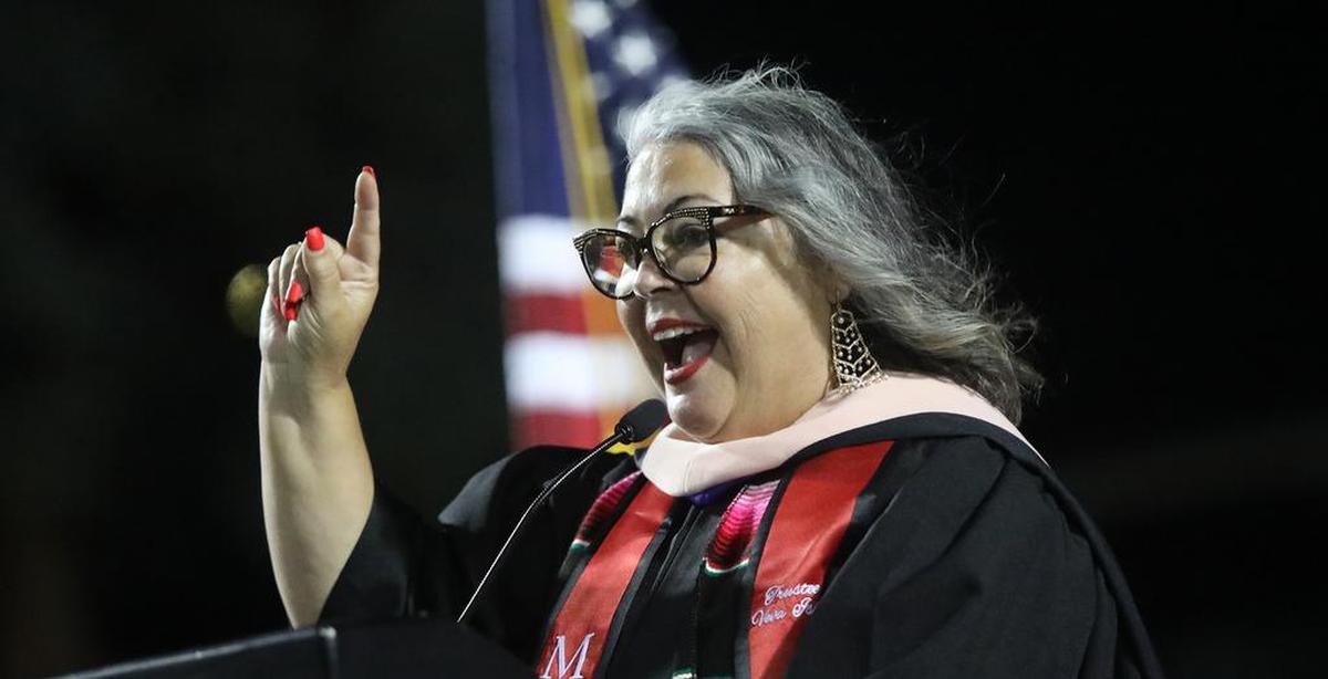 Fresno Unified School District Trustee Beva Islas spoke at the McLane High School graduation ceremony on June 7, 2022.