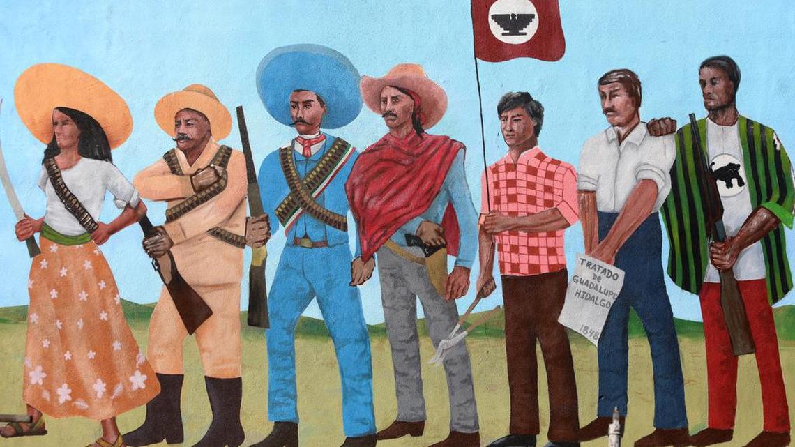 The Teatro Campesino mural created by Antonio Bernal in 1968 features La Adelita, Pancho Villa, Emiliano Zapata, César E. Chávez and others.