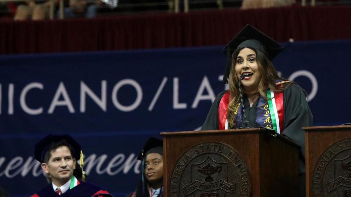 California State University Trustee Yammilette Rodríguez encouraged graduates to be “changemakers” during the 46th anniversary of the Fresno State Chicano/Latino Commencement Celebration at the Save Mart Center on May 21, 2022.