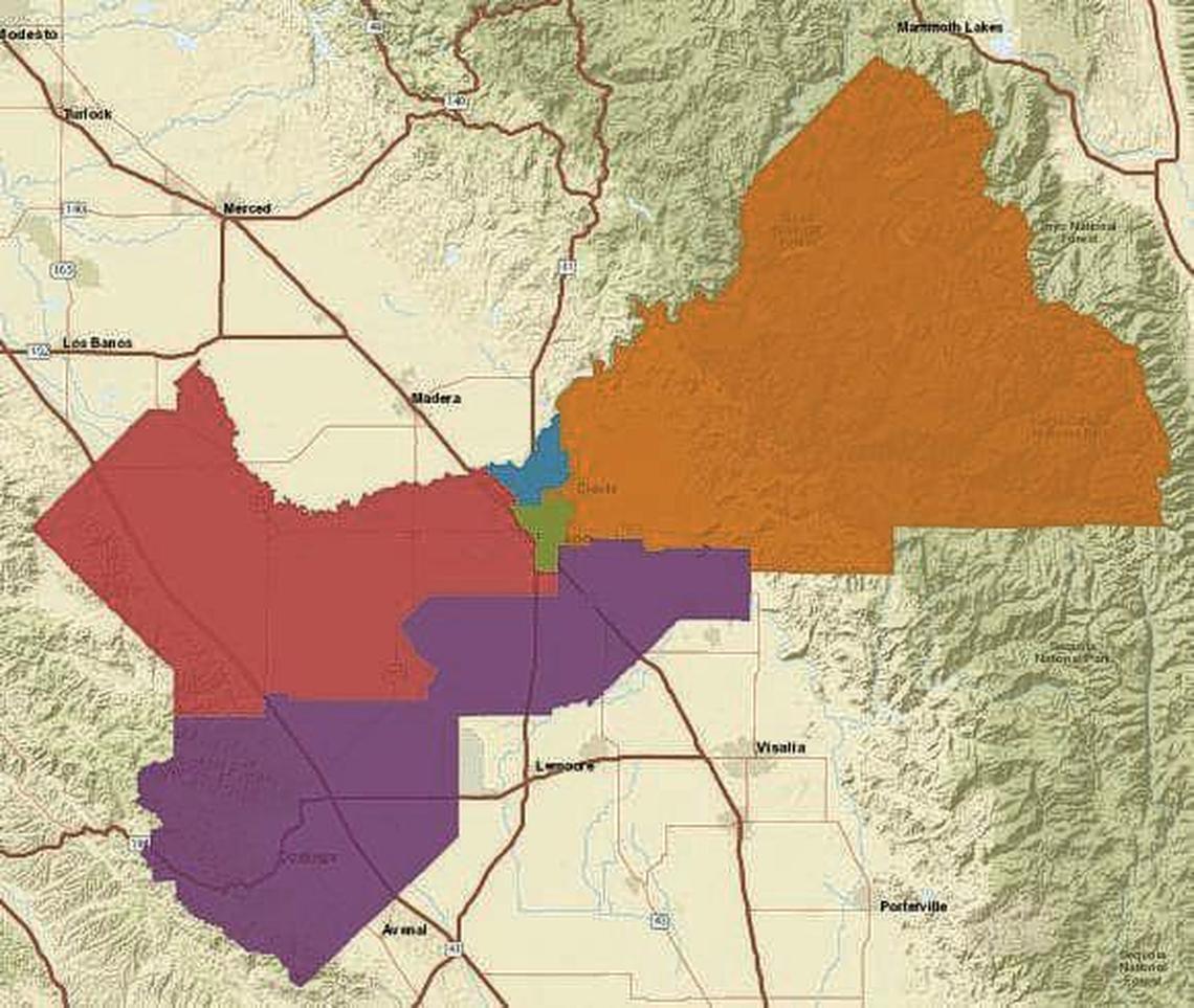 This map shows the actual districts for the Fresno County Board of Supervisors.