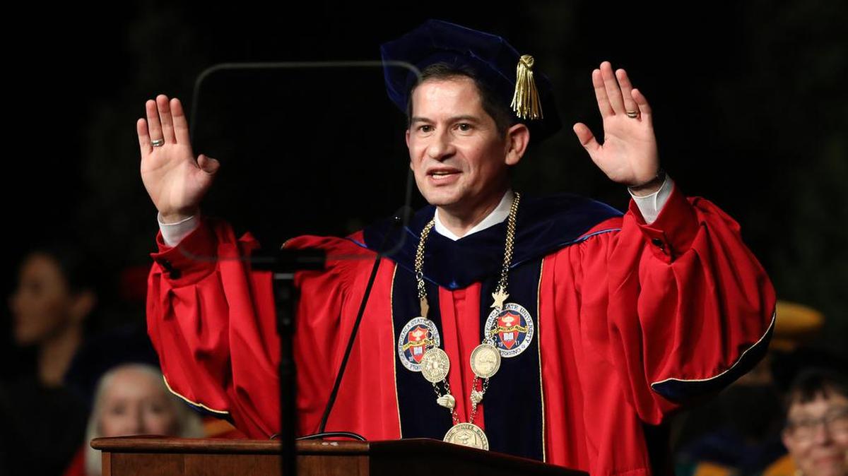 Fresno State President Saúl Jiménez-Sandoval outlined his vision for the university during his investiture ceremony at the Save Mart Center on Sept. 9, 2022.