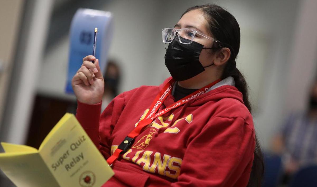 El Diamante High competitor Angela Cruz participates in the Super Quiz portion of the Tulare County Academic Decathlon.