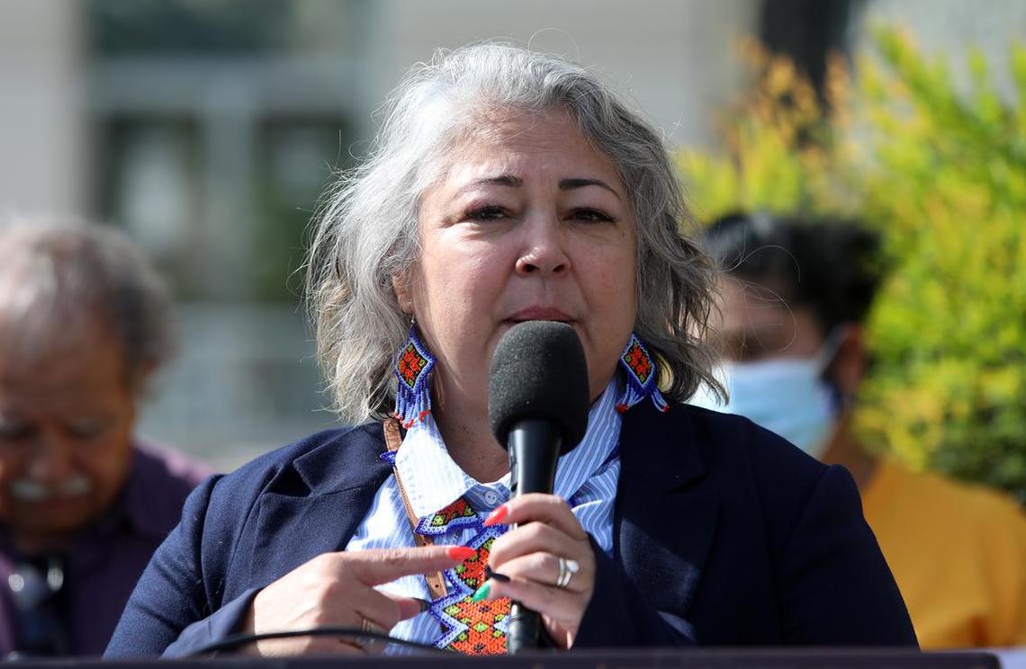 Genoveva Islas of Cultiva La Salud and a Fresno school board member backed a Fresno County Board of Supervisors district map that moves the entire westside into one district and shifts portions of that district (District 1) to east of Highway 41. Islas spoke at an Oct. 20, 2021 press conference at Fresno Courthouse Park.