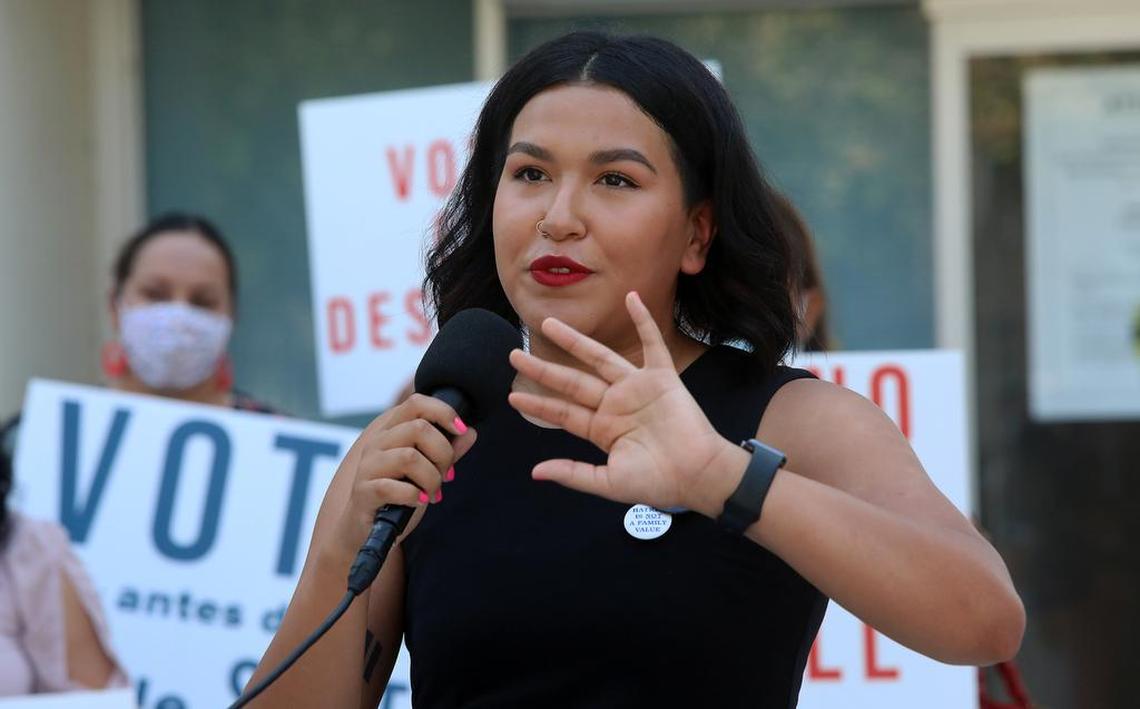 Kingsburg City Councilmember Jewel Hurtado, who is facing a recall, called the Gov. Gavin Newsom recall election “ridiculous.” She spoke at a Sept. 7, 2021 downtown Fresno press conference.