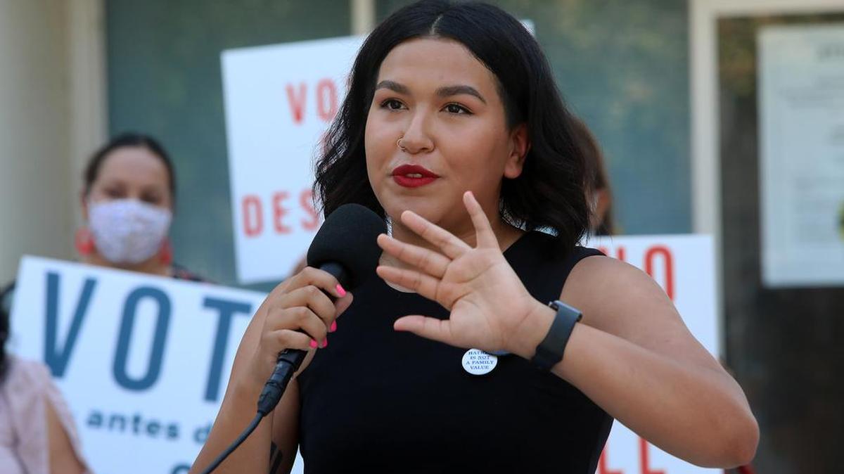 Kingsburg City Councilmember Jewel Hurtado, who is facing a recall, called the Gov. Gavin Newsom recall election “ridiculous.” She spoke at a Sept. 7, 2021 downtown Fresno press conference.