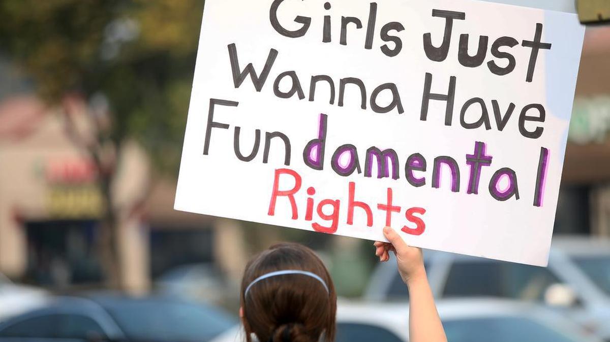 About 300 people showed up for the Fresno Women’s March 2021 at the intersection of Blackstone and Nees in northeast Fresno on Oct. 2, 2021. The march, one of dozens throughout the country, was designed to show support for abortion rights.
