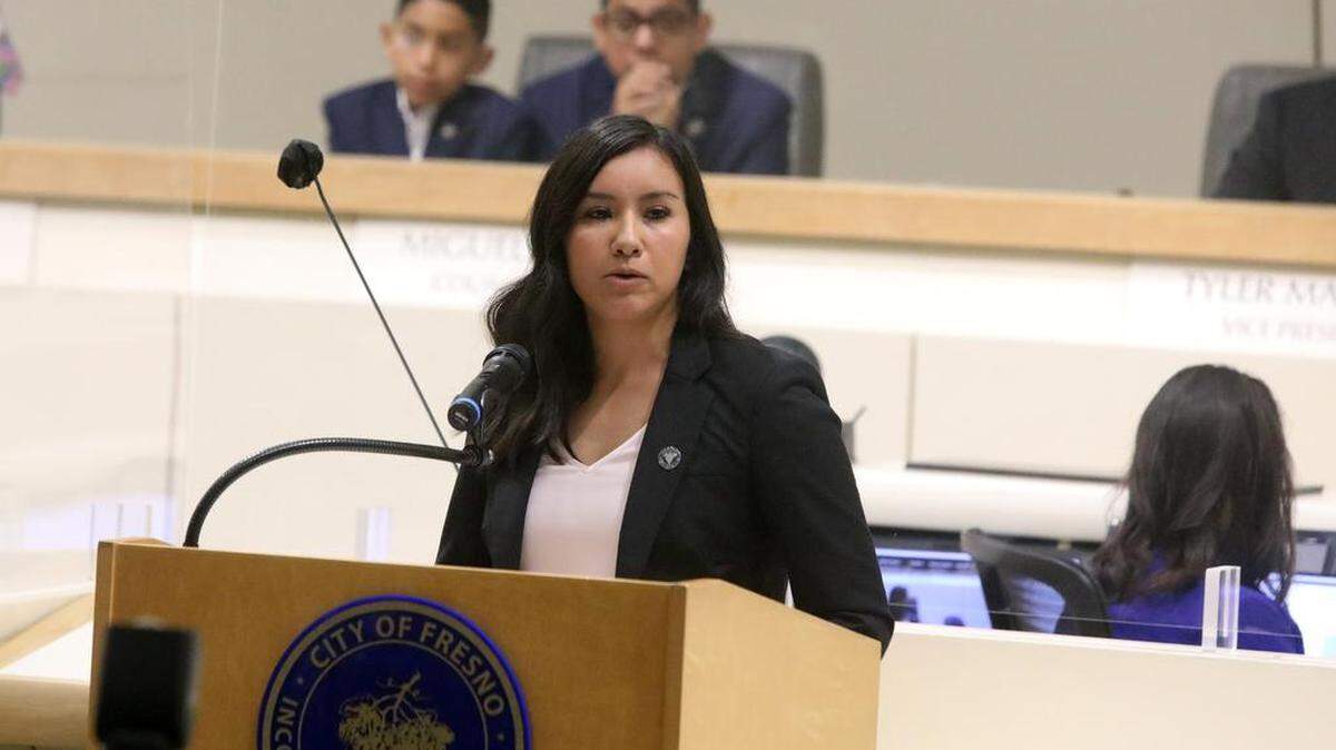 Fresno City Council Vice President Annalisa Perea touted her background as a city planner during remarks after being sworn in at City Hall on Jan. 5, 2023.