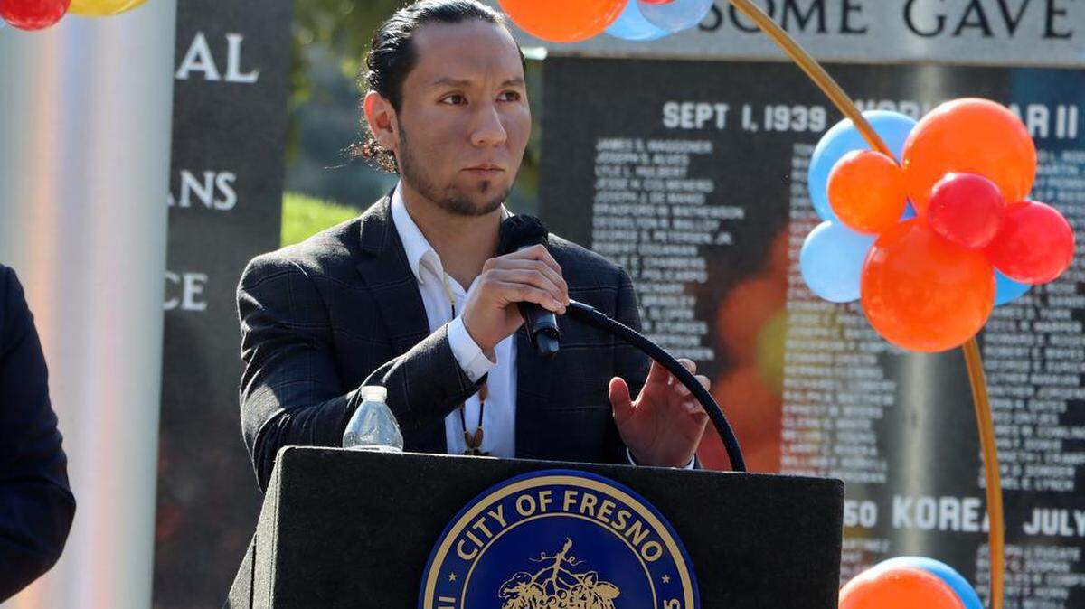 Picuyune Tribal Councilmember Marco Alcántar speaks during the third annual Indigenous Day celebration at Fresno City Hall on Oct. 10, 2022.