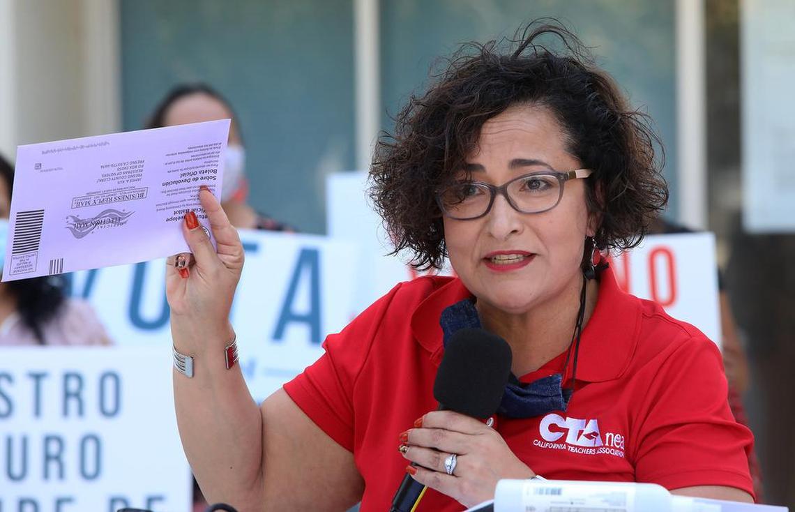 California Teachers Association leader Eva Ruiz of Fresno spoke against the Gov. Gavin Newsom recall election during a Sept. 7, 2021 press conference in downtown Fresno.