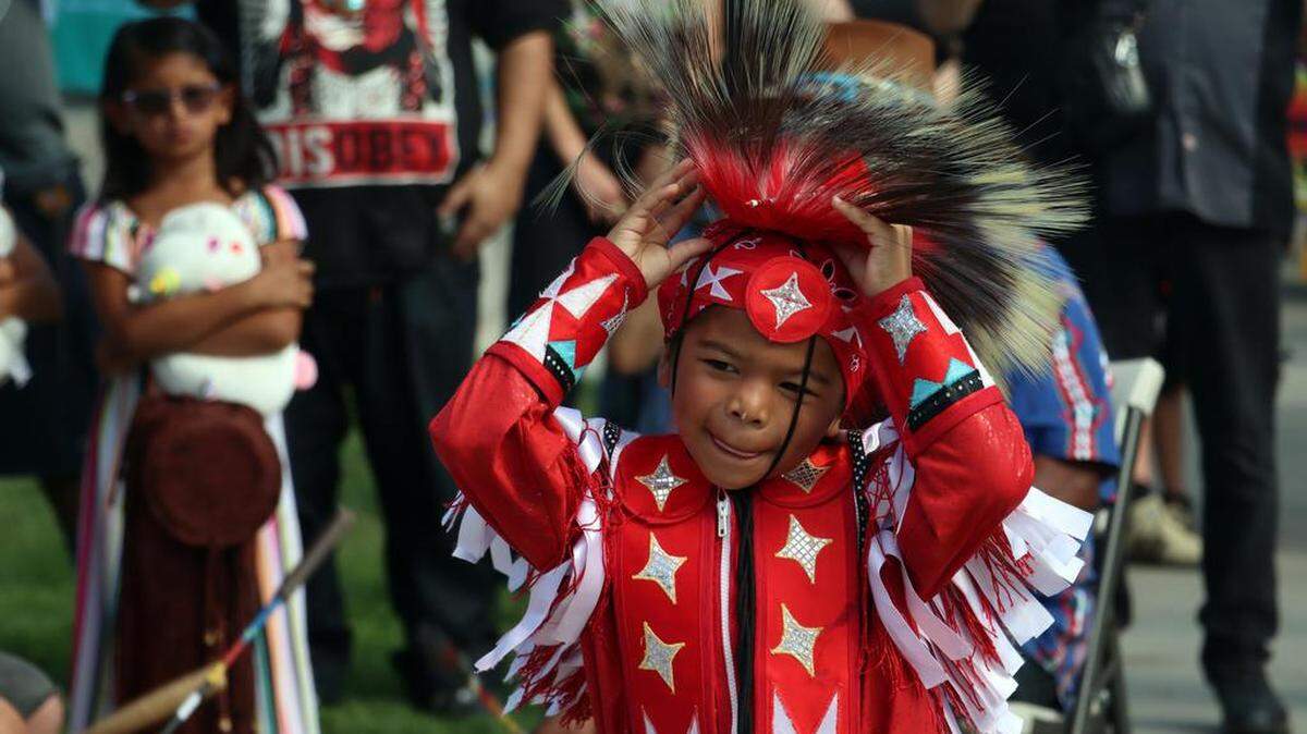 A Chukchansi tribe dancer performs during the third annual Indigenous Peoples Day celebration at Fresno City Hall on Oct. 10, 2022.