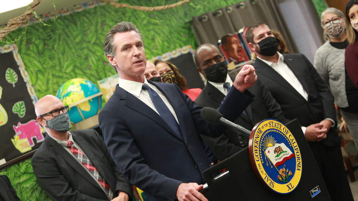 California Governor Gavin Newsom at Sunset Elementary School in Fresno during a visit to sign a package of early childhood education legislation on Tuesday, Oct. 5, 2021.