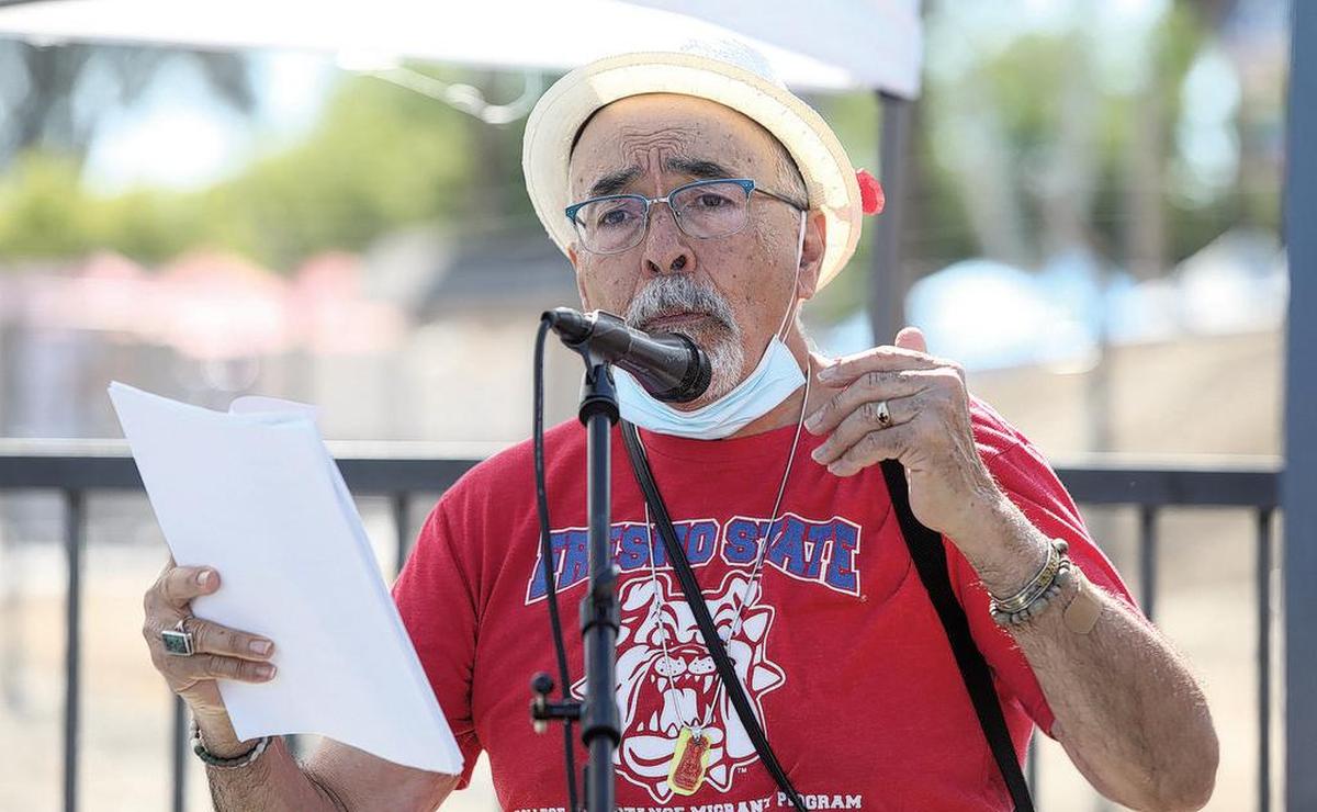 U.S. Poet Laureate emeritus Juan Felipe Herrera participates in a pop up performance on June 13.