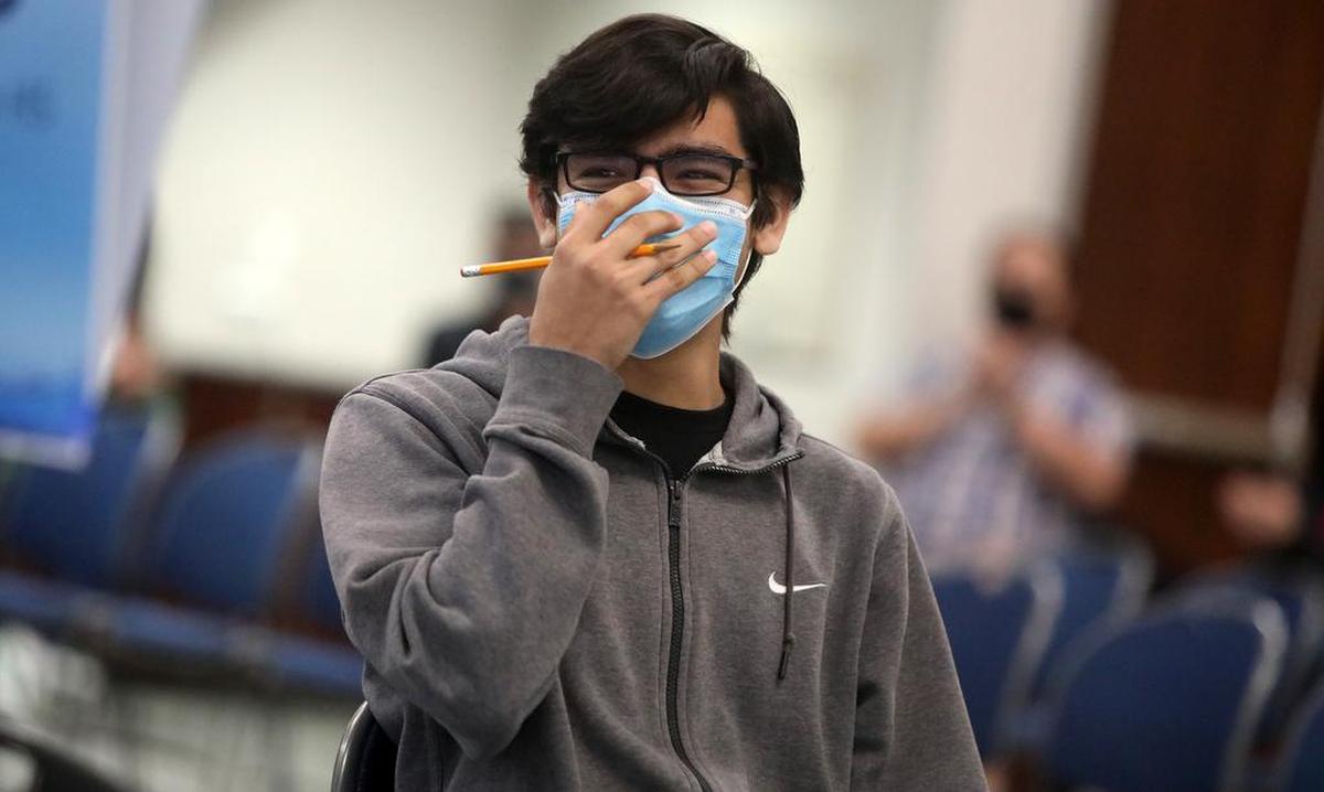 Àngel Gutiérrez of Dinuba High, here competing in the Super Quiz, was the only student not from El Diamante or Granite Hills to win a top individual honor in one of 10 categories (mathematics) during the Tulare County Academic Decathlon.