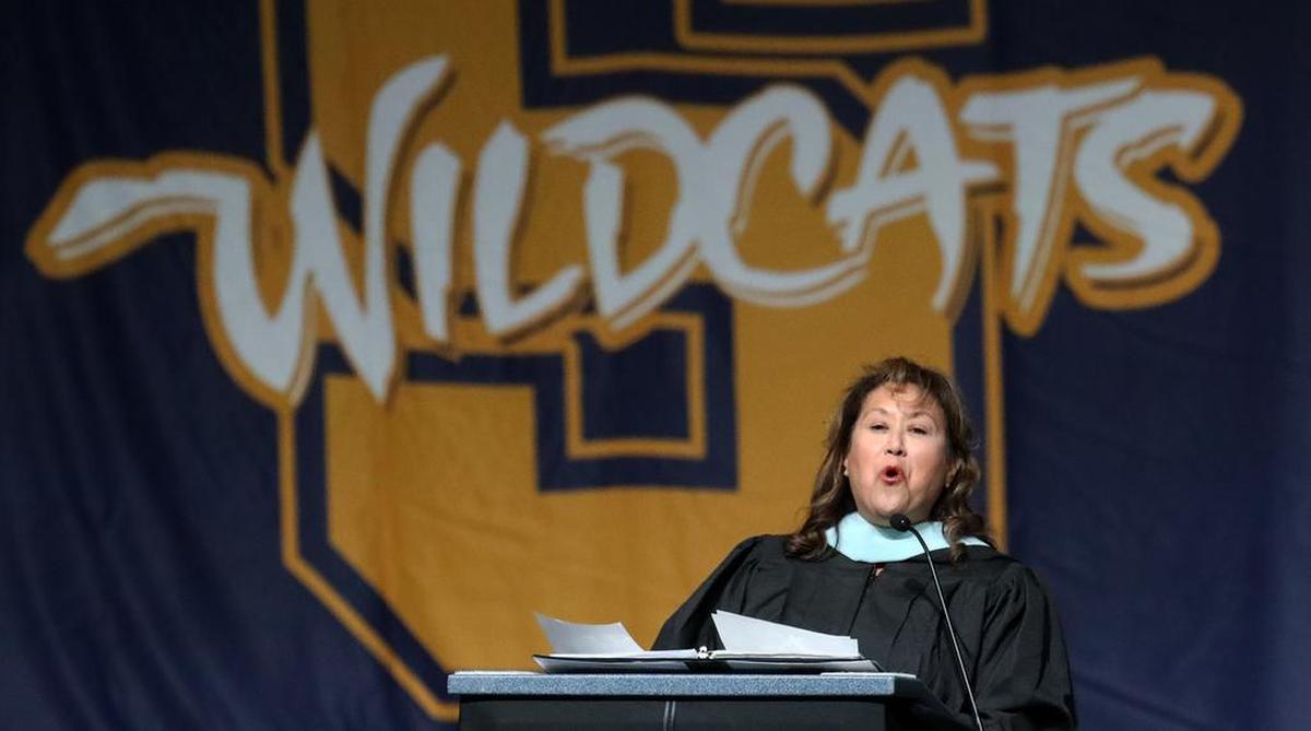 Fresno Unified School District Trustee Valerie Davis spoke at the Sunnyside High School graduation ceremony at the Save Mart Center on June 7, 2022.