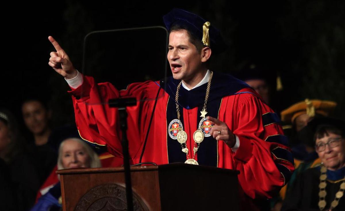 Fresno State President Saúl Jiménez-Sandoval ended his 16-minute speech during his investiture ceremony at the Save Mart Center on Sept. 9, 2022 by yelling “Let’s go Bulldogs!”.