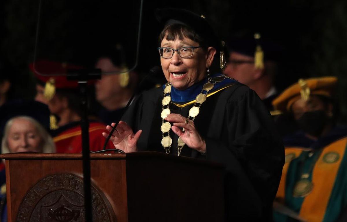Interim CSU Chancellor Jolene Koester called Fresno State President Saúl Jiménez-Sandoval "the ideal leader" for the university during his investiture ceremony at the Save Mart Center on Sept. 9, 2022.