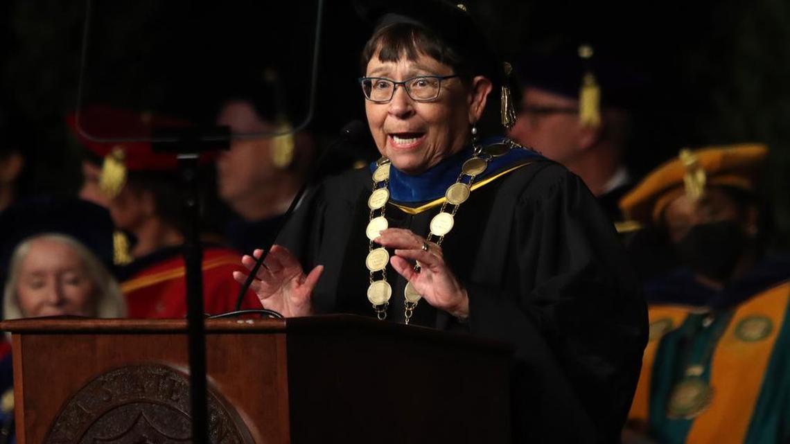 Interim CSU Chancellor Jolene Koester is a central figure in a discrimination lawsuit filed by two former administrators at Cal State San Bernardino.
