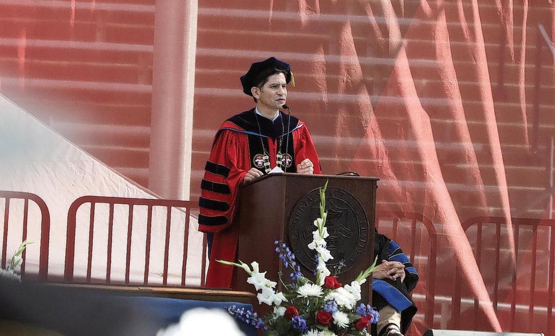 Fresno State Interim President Saúl Jiménez-Sandoval presides over the May 14, 2021 morning commencement at Bulldog Stadium.