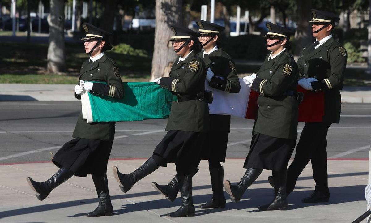 The flag escort from the Autonomus University of Baja California’s Esenada campus carries the Mexican flag that was raised at Fresno City Hall in conmemoration of Mexican Independence Day on Sept. 15, 2022. The escort was México’s 2017 national champion.