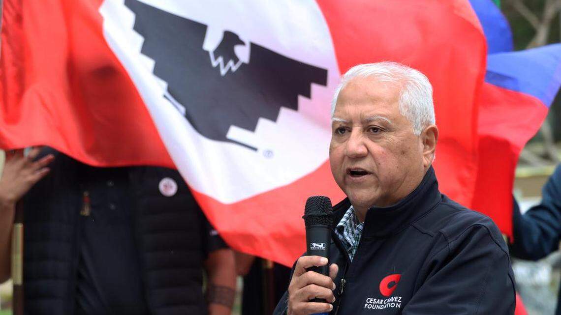 Paul Chávez spoke about his father during Fresno State commemoration of his father, farmworker leader César E. Chávez, in the Peace Garden on March 22, 2023.