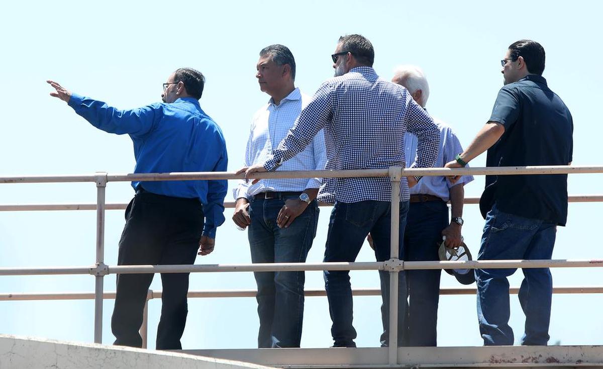 Dos Palos City Manager Darrell Fonseca gives Sen. Alex Padilla, D-California, a tour of the city’s water treatment plant on July 16, 2021.