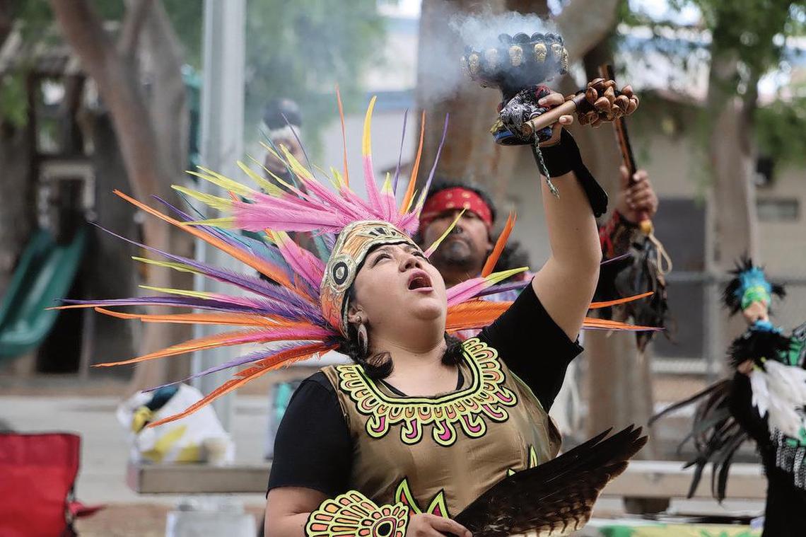 Aztec dance troupe Yoztaltepetl performed at a rally for gubernatorial candidate Luis J. Rodríguez.