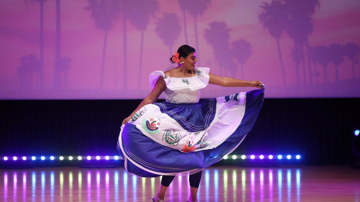 Miss Palmdale Rossana Martínez performed a Salvadoran folk dance during the talent competition at the July 10, 2021 inaugural Miss California Volunteer pageant at the Clovis Veterans Memorial Auditorium.
