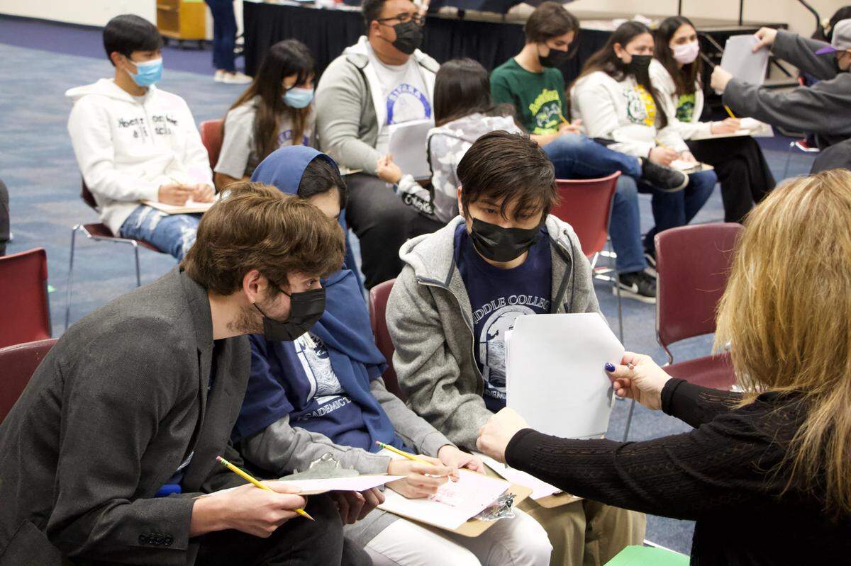 Lodi Unified School District’s Middle College High School students during the Super Quiz portion of the 41st annual San Joaquín County Academic Decathlon competition that drew teams from 12 county high schools to the SJCOE campus in Stockton..