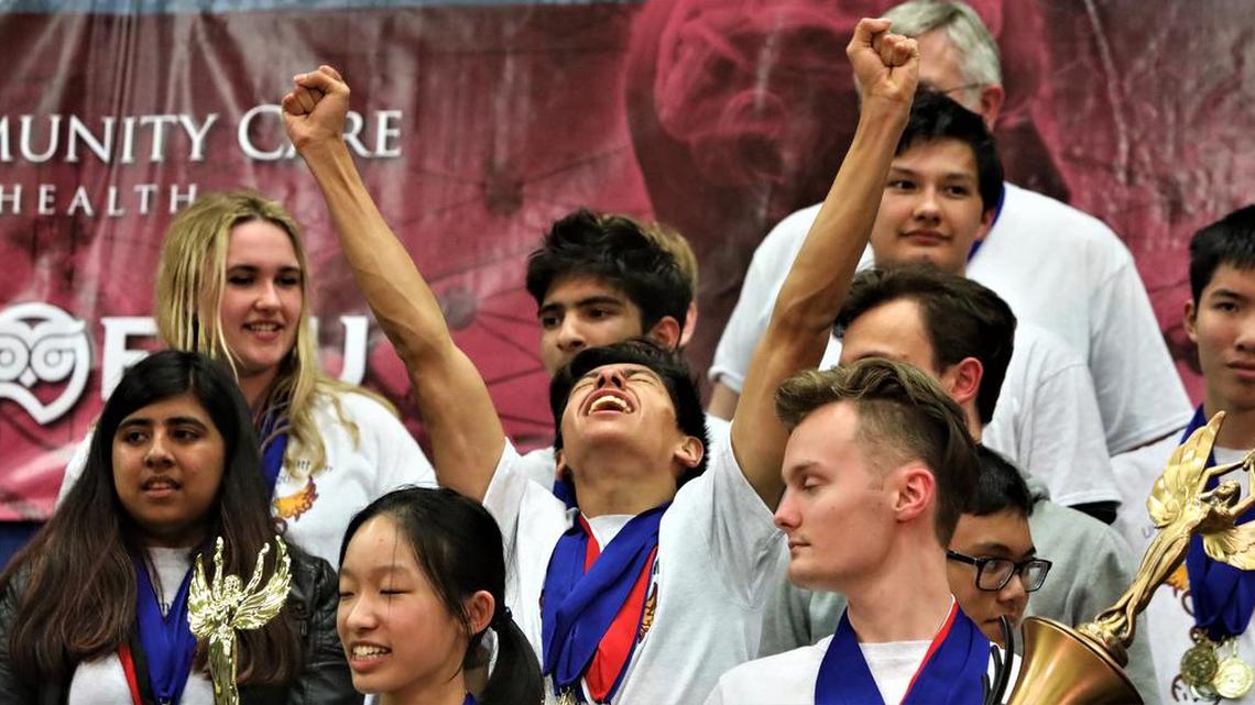 This photo of University High School junior Dylan Pérez celebrating on stage after the school captured the 2020 Fresno County Academic Decathlon won a second place nationally award for news photo from the National Association of Hispanic Publications.