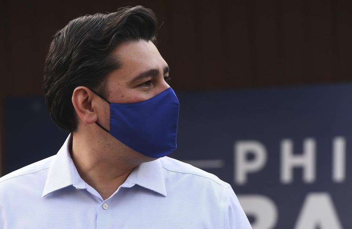 Democrat Phil Arballo, running for U.S. House challenging Devin Nunes for California's 22nd Congressional District, appears for media interviews outside his campaign headquarters on election night 2020 in Fresno.