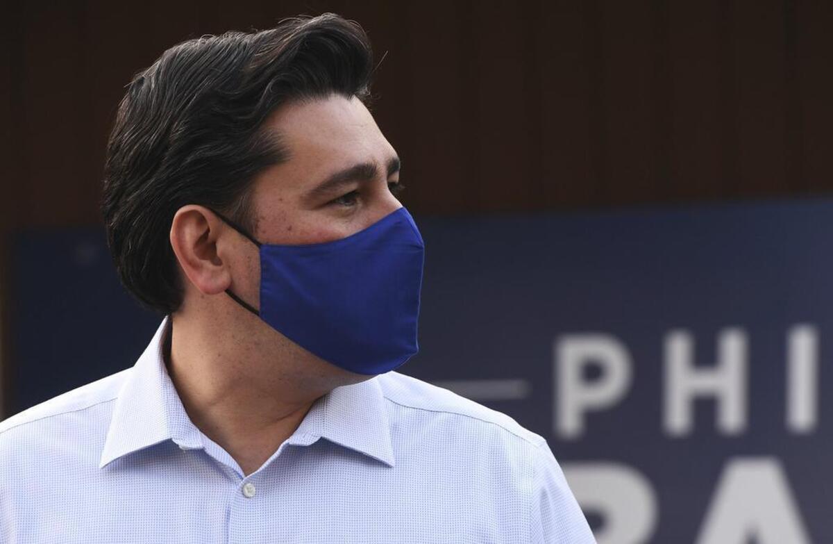 Democrat Phil Arballo, running for U.S. House challenging Devin Nunes for California's 22nd Congressional District, appears for media interviews outside his campaign headquarters on election night 2020 in Fresno.