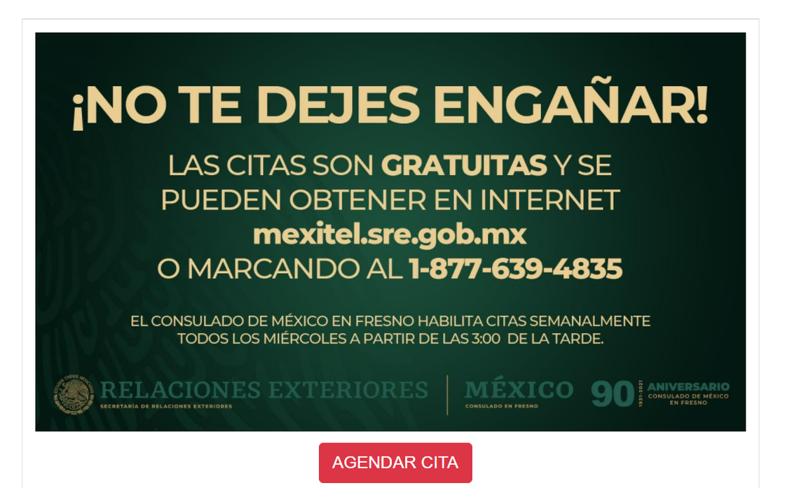 Screen grab of the Consulate of México in Fresno about how to book an appointment to process legal documents with the entity.