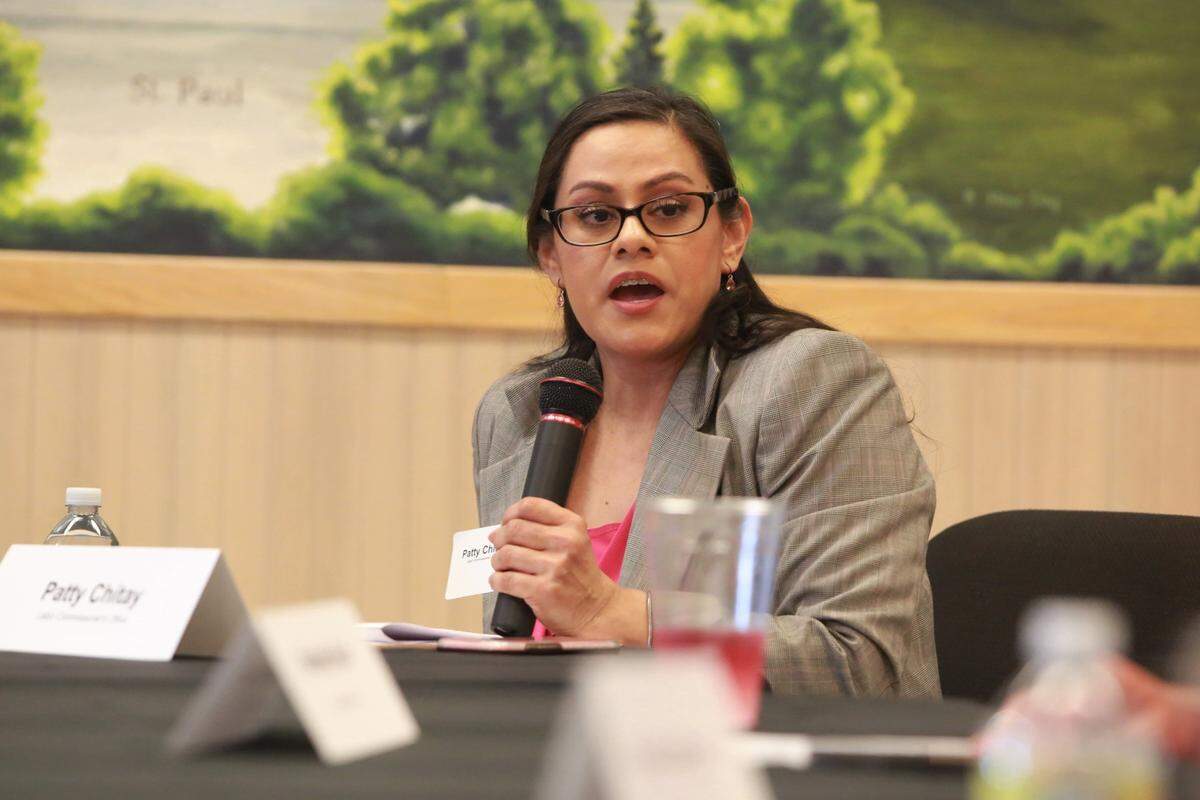 Patty Chitay, deputy labor commissioner with the state Labor Commissioner’s office speaks during a round table on March 8 with Central Valley labor organizations in Fresno, California.