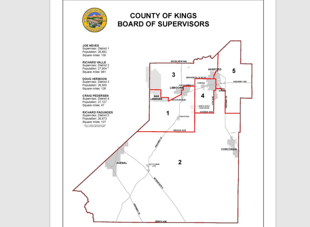Screen shot of the current Kings County Board of Supervisor map.