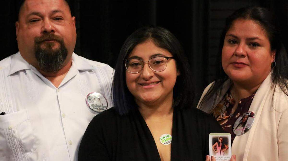 Family of Jacklyn ‘Jackie’ Jaylen Cazares who was killed in Uvalde massacre spoke at Farmworker Women’s Conference in Visalia. Pictured left to right: Javier, Jazmin and Gloria Cazares.