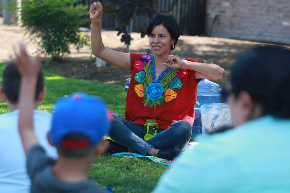 Rosalba López Ramírez, co-founder of Black Zócalo, at Saturday’s Boom Oaxaca kids’ maize-planting workshop at Arte Américas.