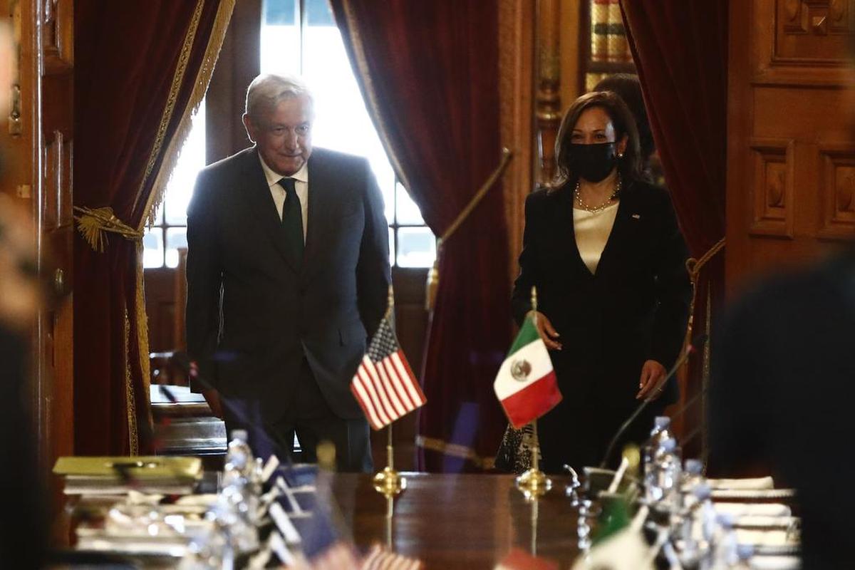 México President Andrés Manuel López Obrador welcomes U.S. Vice President Kamala Harris to the National Palace in México City.