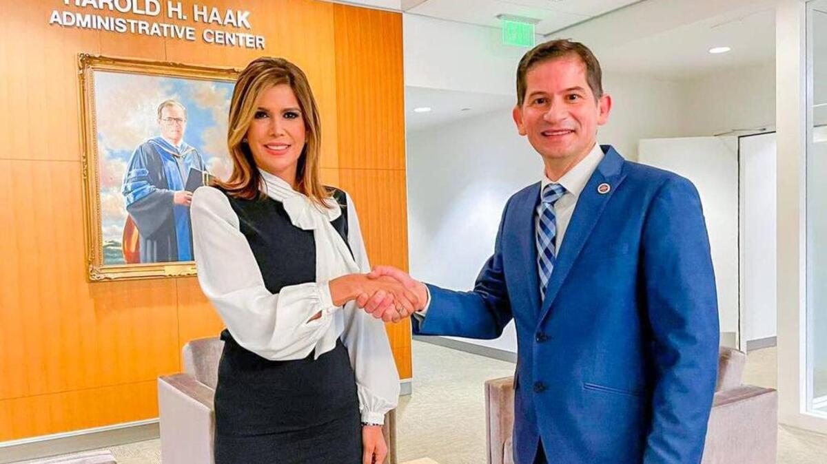 Milena Mayorga, El Salvador's ambassador to the United States, met in early May with Fresno State President, Saul Jimenez-Gonzalez.