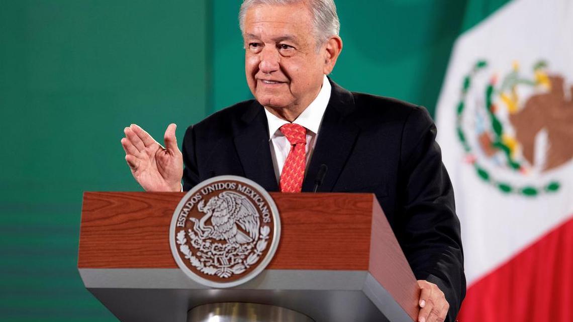 Mexico City (Mexico), 02/12/2021.- A handout photo made available by the presidency of Mexico shows Mexican president, Andres Manuel Lopez Obrador, during his morning conference, at the National Palace in Mexico City, Mexico, 02 December 2021. Lopez Obrador announced this 02 December that the application of booster doses against the coronavirus for older adults will start this December and assured that the country has ‘sufficient’ vaccines. EFE/EPA/Mexican Presidency / HANDOUT ONLY AVAILABLE TO ILLUSTRATE THE ACCOMPANYING NEWS (MANDATORY CREDIT) HANDOUT EDITORIAL USE ONLY/NO SALES