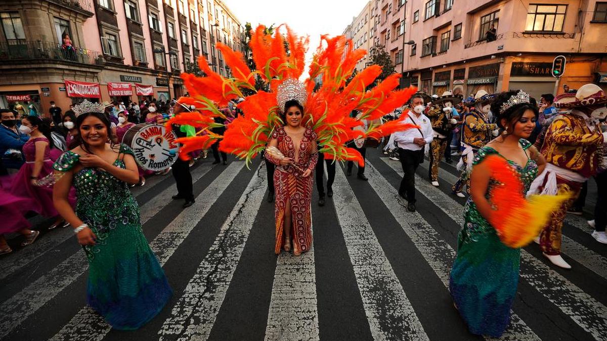 A group of women participate in the chilenos parade in México City on Dec. 4. The dancers mock the Spanish conquistadores.
