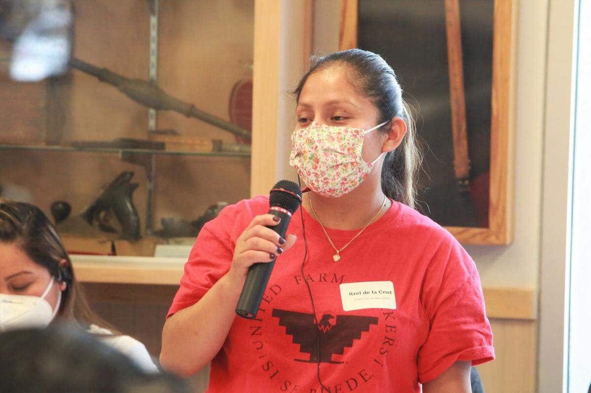 Itzel de la Cruz speaks during a round table on March 8 with Central Valley labor organizations in Fresno, California.