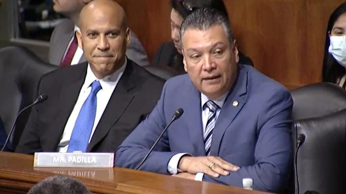 Sen. Alex Padilla, D-California, introduced Ana de Alba to the Senate Judiciary Committee on April 27, 2022, in this screenshot from video.