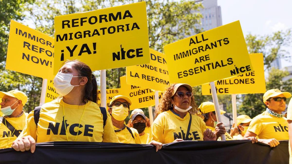 Demonstrators calling for protection of DACA, the Deferred Action for Childhood Arrivals program, and for immigration reform march through the Chinatown neighborhood of New York on July 23, 2021.