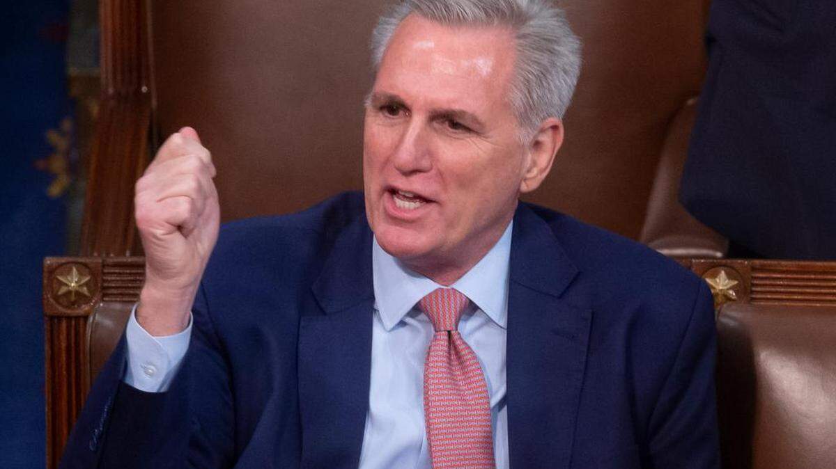 Republican Representative of California Kevin McCarthy cheers as he is nominated to be House Speaker by Republican Representative of Louisiana Steve Scalise (not pictured) during the third round of voting for the next Speaker of the House, during the opening session of the 118th Congress on the House floor in the US Capitol in Washington, D.C.
