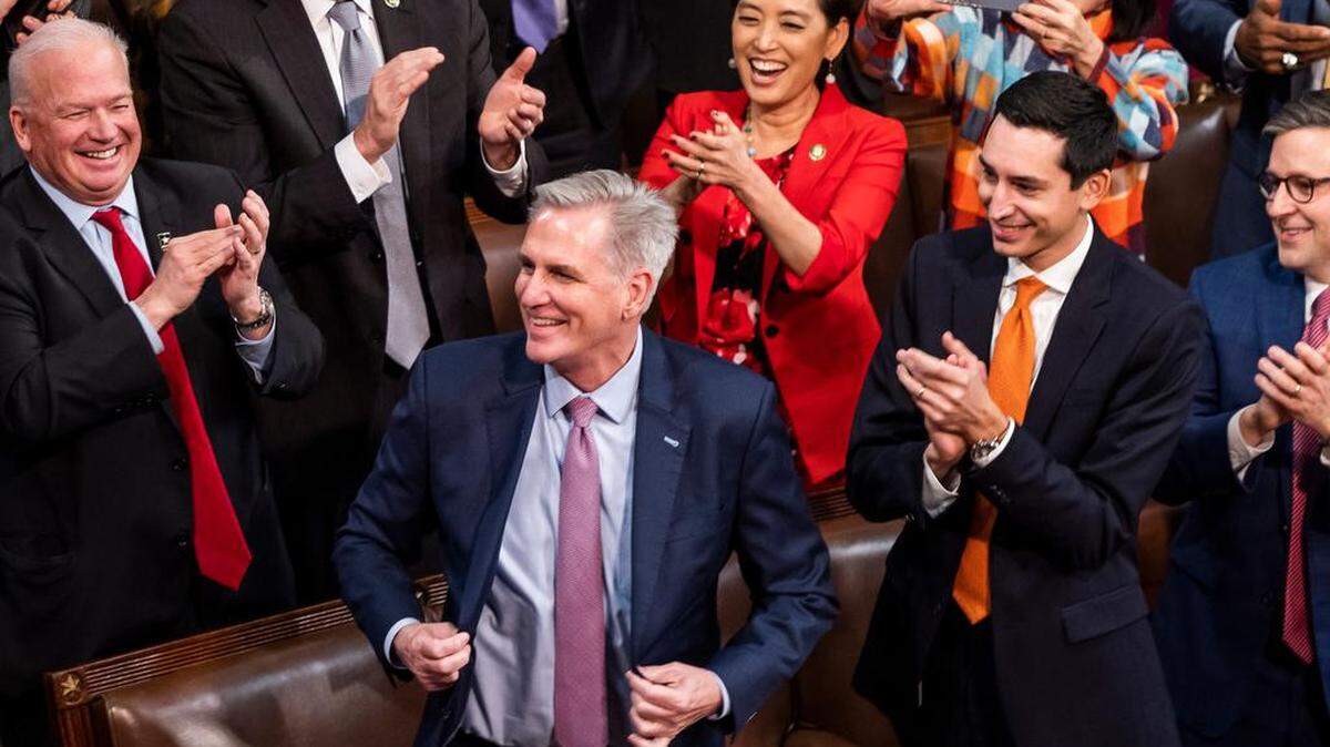 Republican Leader Kevin McCarthy reacts after lawmakers voted him to be the next speaker of the House of Representatives on Jan. 7.