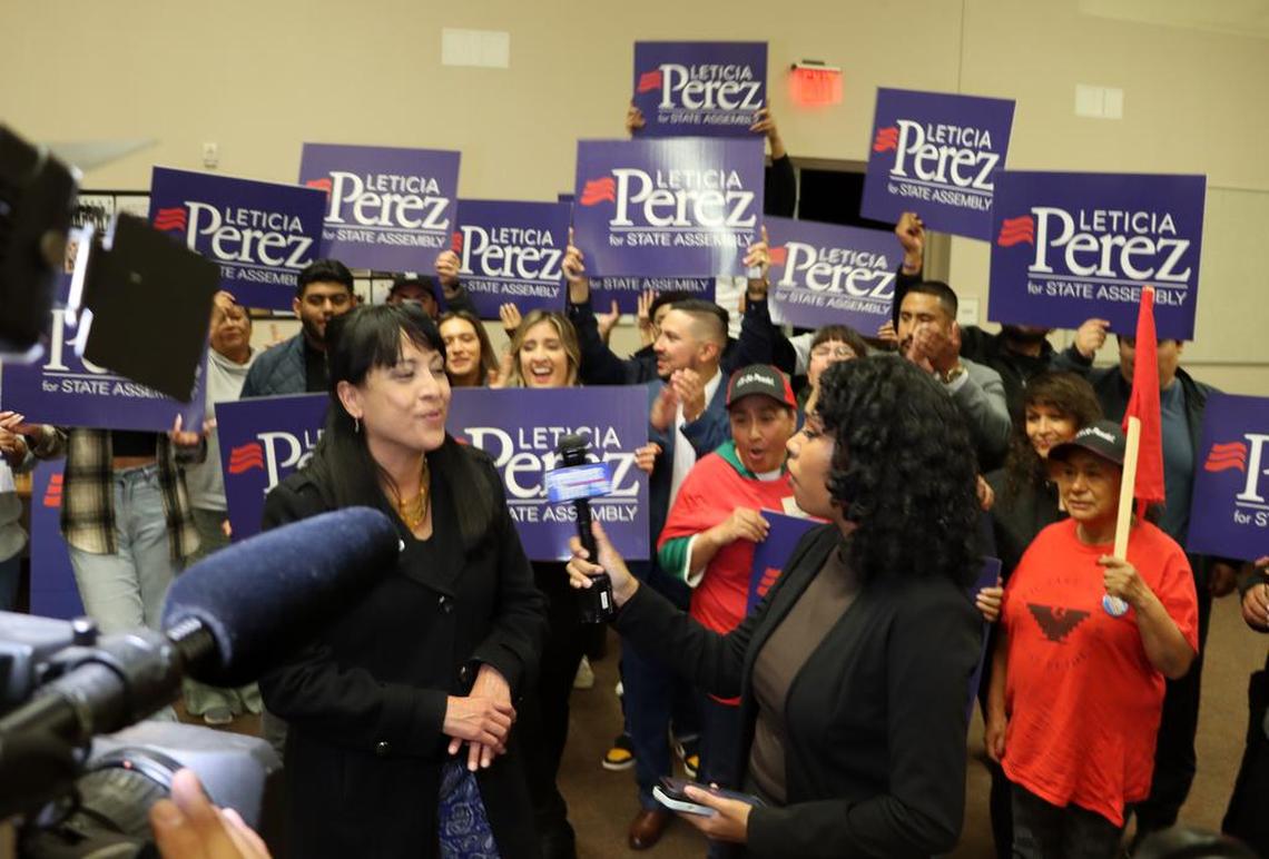 Kern County Supervisor Leticia Pérez gets interviewed by a Bakersfield television reporter during Election Night. Pérez was running for the 35th Assembly District seat.
