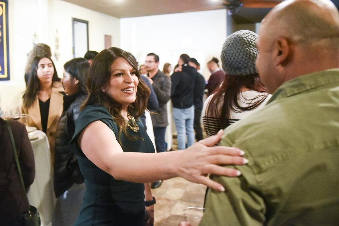 Esmeralda Soria is shown greeting supporters as she arrives to Bella Luna restaurant in Merced for her election night party.