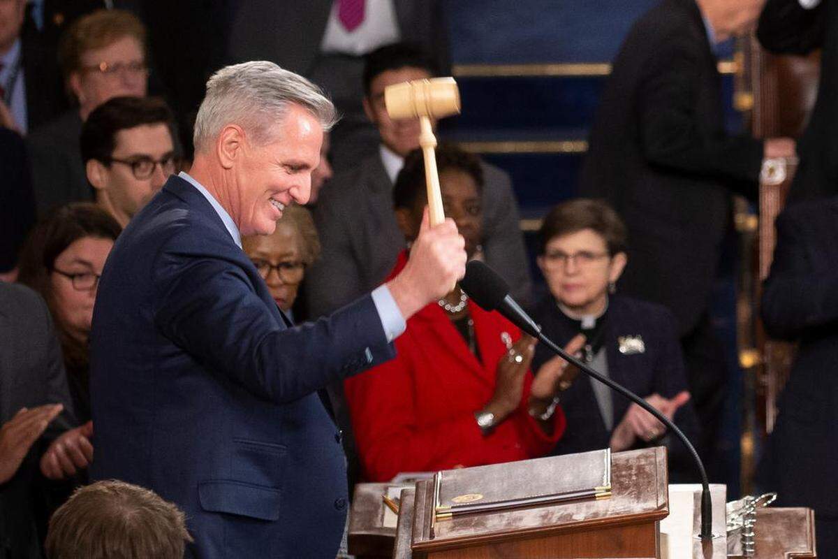 House Republican Leader Kevin McCarthy bangs the gavel after being elected to become the Speaker of the House after 15 rounds of voting, in the House chamber on Capitol Hill on Jan. 7.